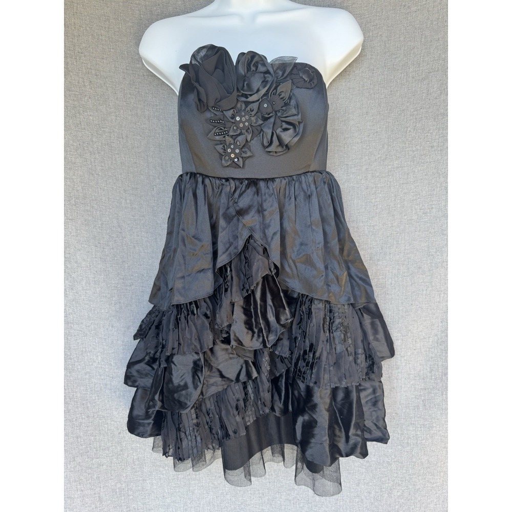 Vtg Y2K Betsey Johnson Sz 6 Black‎ Silk Bow Floral Tiered Strapless Mini Dress